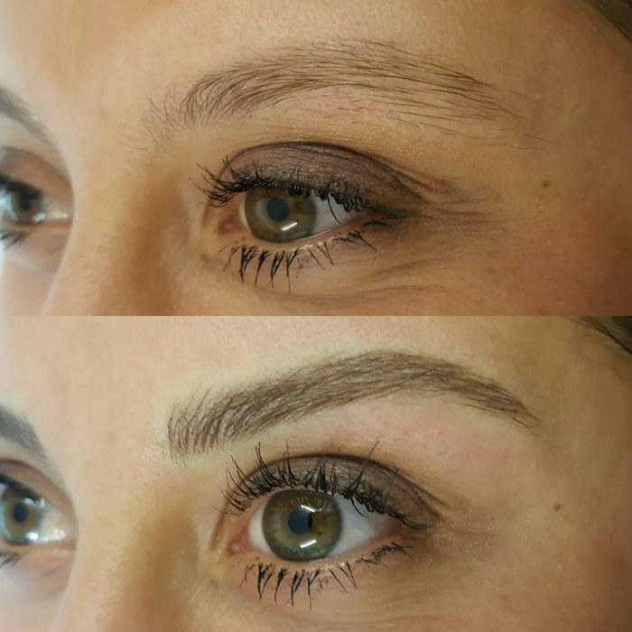 Foto von Augenbrauen Permanent Make-up (PMU) von amiea National Trainer Claudia Ades, Beispiel PMU Augenbrauen, Nahaufnahme Vergleich vorher und nachher
