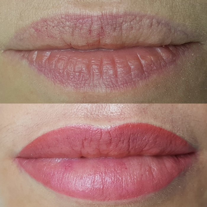 Foto von Lippen mit Permanent Make-Up (PMU) von amiea National Trainer Mariana Romero, Beispiel PMU Lippen, Nahaufnahme Vergleich vorher und nachher