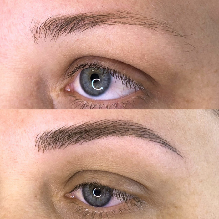 natural eyebrow makeup with permanent make-up (PMU), example PMU treatment eyes, close-up, comparison before and after