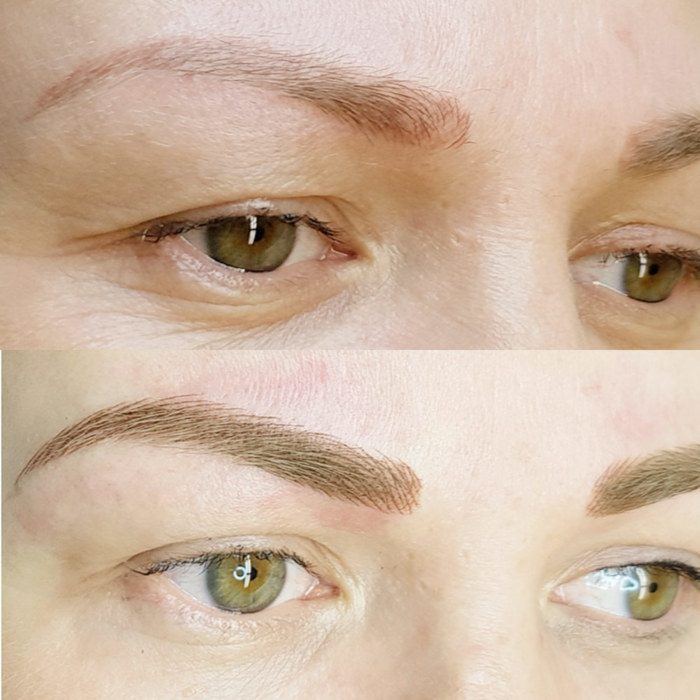 natürliche Augenbrauen mit Permanent Make-up (PMU) von amiea International Master Trainer  Alevtina Hyvönen, Beispiel PMU-Behandlung Augenbrauen, Nahaufnahme, Vergleich vorher - nachher 
