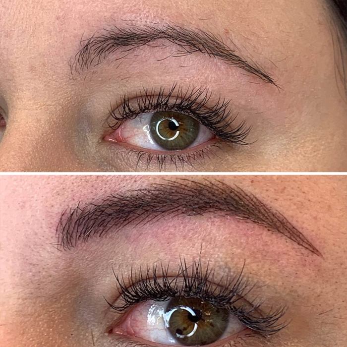 Natural eyebrows with permanent makeup (PMU) by amiea International Master Trainer Camilla Mello, example PMU treatment eyebrows, close-up, comparison before and after