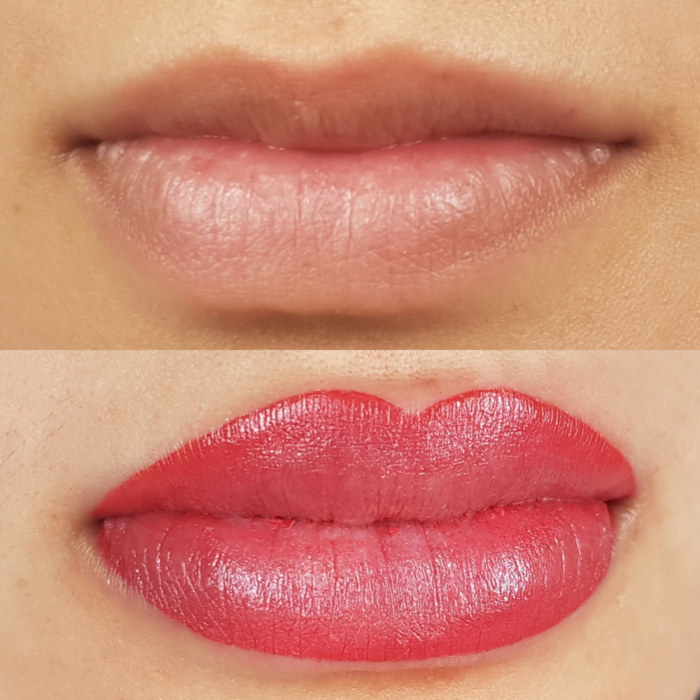 Foto von Lippen mit Permanent Make-Up (PMU), Beispiel PMU Behandlung Lippen, Nahaufnahme Vergleich Vorher und Nachher