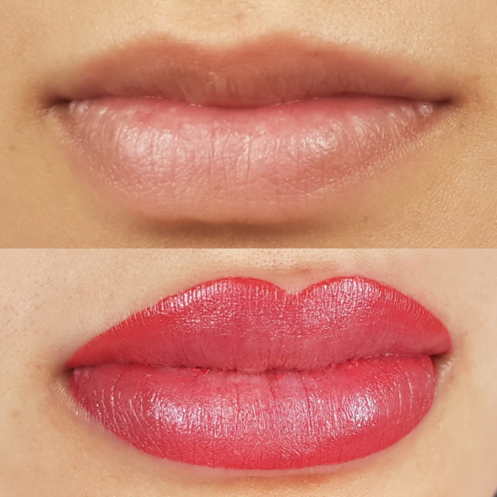 lips with permanent makeup (PMU), example of lip treatment, comparison before and after