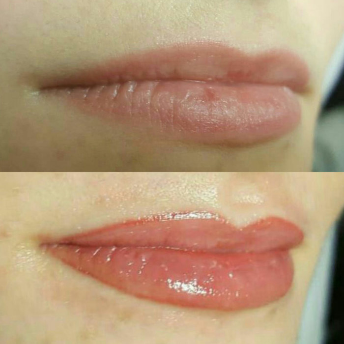 Foto von Lippen mit Permanent Make-up (PMU) von amiea National Trainer Claudia Ades, Beispiel PMU Lippen, Nahaufnahme Vergleich vorher und nachher