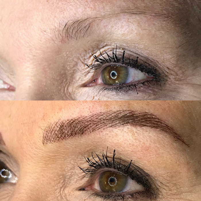 Foto von Augenbrauen Permanent Make-Up (PMU) von amiea National Trainer Sandra Rocha, Beispiel PMU Augenbrauen, Nahaufnahme Vergleich vorher und nachher