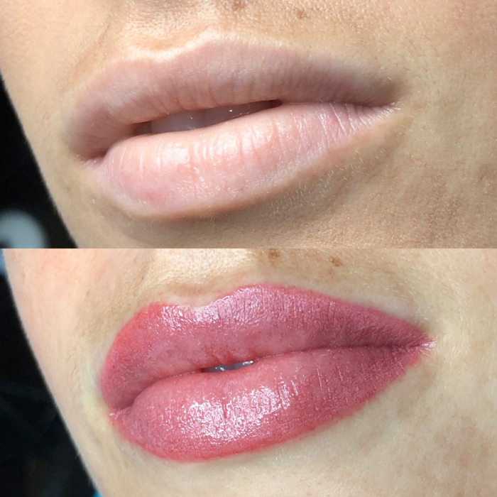 pink lips with permanent makeup (PMU) by amiea International Master Trainer Suzé Steyl, example of lip treatment, comparison before and after