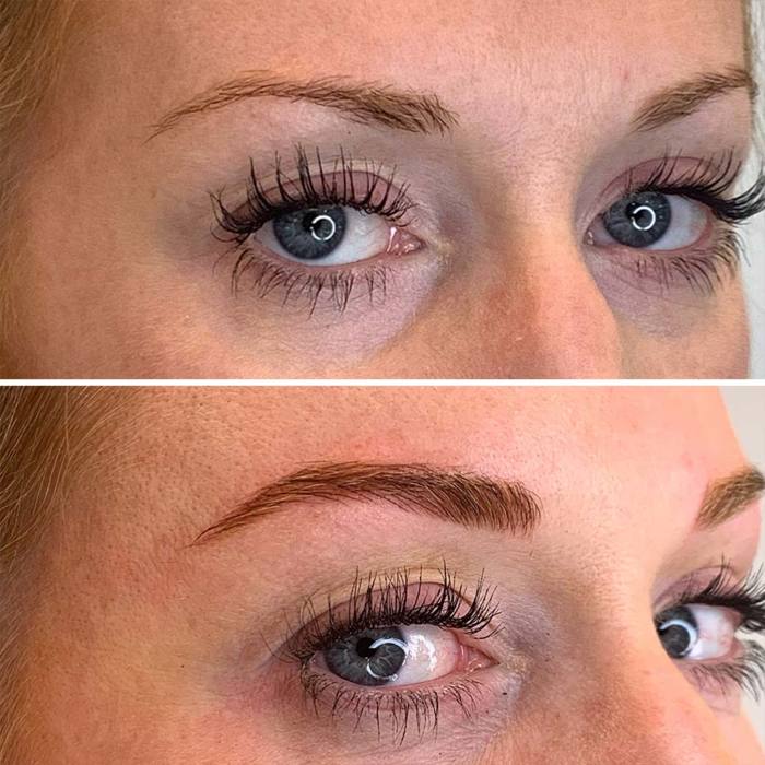 Natural eyebrows with permanent makeup (PMU) by amiea International Master Trainer Camilla Mello, example PMU treatment eyebrows, close-up, comparison before and after