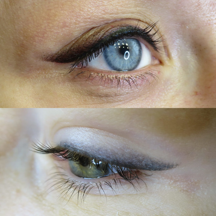 Foto von Auge mit Eyeliner Permanent Make-up (PMU) von amiea National Trainer Olga Kravchenko, Beispiel PMU eyeliner, Nahaufnahme Vergleich vorher und nachher