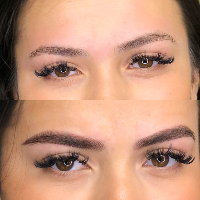 Eyebrows with permanent makeup (PMU), example PMU treatment eyes, close-up, comparison before and after