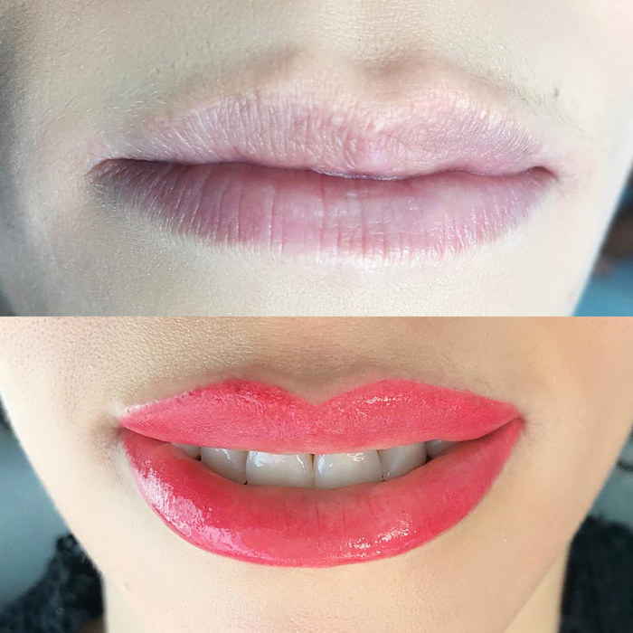 Foto von Lippen mit Permanent Make-Up (PMU) von amiea National Trainer Sandra Rocha, Beispiel PMU Lippen, Nahaufnahme Vergleich vorher und nachher