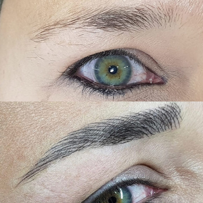 Foto von Augenbraue mit Permanent Make-up (PMU) von amiea National Trainer Vania Machado, Beispiel PMU Augenbrauen, Nahaufnahme Vergleich vorher und nachher