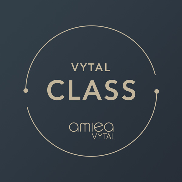 beiges Signet der amiea-Academy Vytal Class auf dunklem Hintergrund